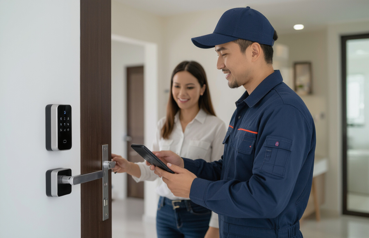 Kỹ Thuật Viên Chuyên Nghiệp Của Máy Tính Bến Tre Đang Kiểm Tra Khóa Vân Tay Sau Khi Lắp Đặt Tại Nhà Khách Hàng Ở Bến T