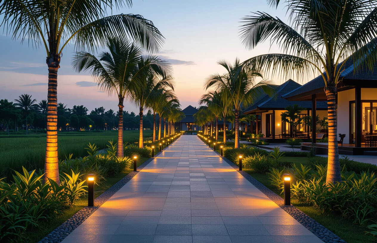 Resort Bến Tre Với Lối Đi Chiếu Sáng Bằng Đèn Năng Lượng Mặt Trời.