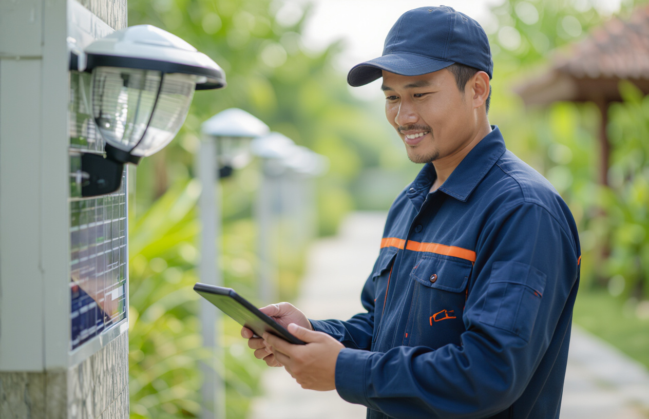 Kỹ Sư Máy Tính Bến Tre Kiểm Tra Hệ Thống Đèn Năng Lượng Mặt Trời.