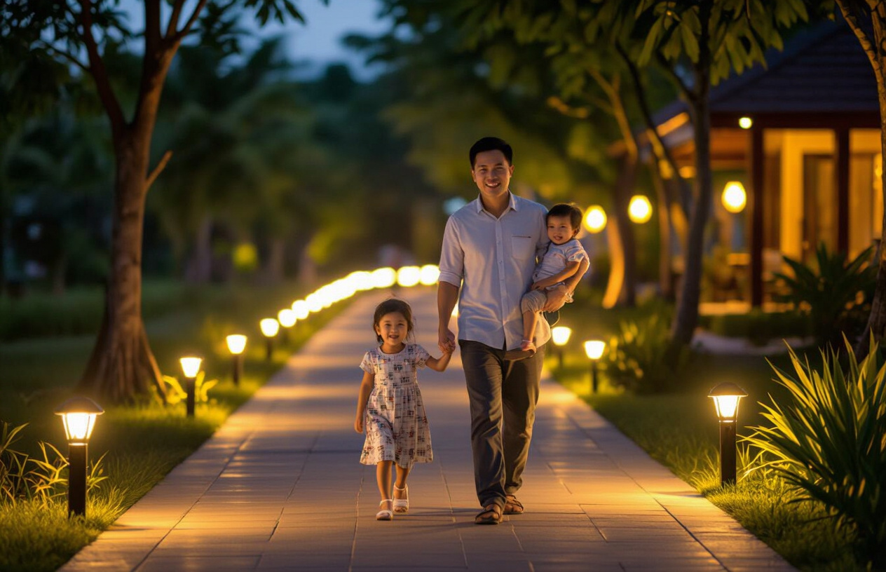 Gia Đình Tận Hưởng Không Gian Resort Bến Tre Dưới Ánh Đèn Năng Lượng.