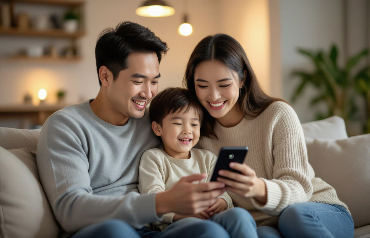 Gia Đình Việt Nam Đang Xem Hình Ảnh Từ Chuông Cửa Trên Điện Thoại Thông Minh.