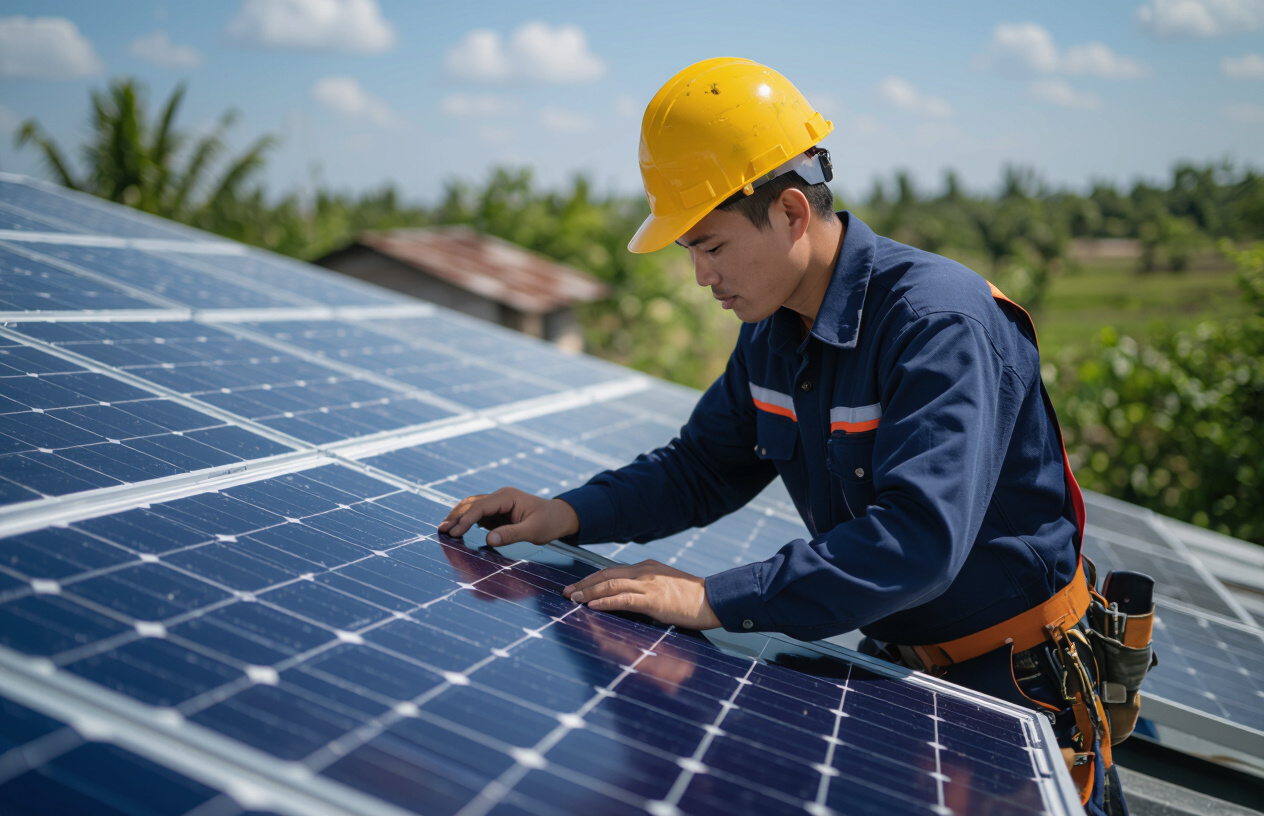 Kỹ Sư Người Việt Đang Kiểm Tra Hệ Thống Pin Năng Lượng Mặt Trời Trên Mái Nhà Tại Bến Tre.