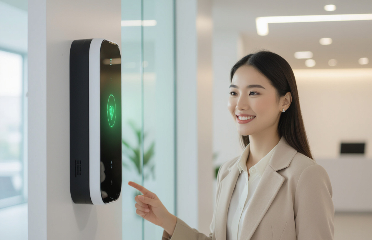 Người Phụ Nữ Việt Nam Đang Sử Dụng Hệ Thống Nhận Diện Khuôn Mặt Tại Văn Phòng Hiện Đại
