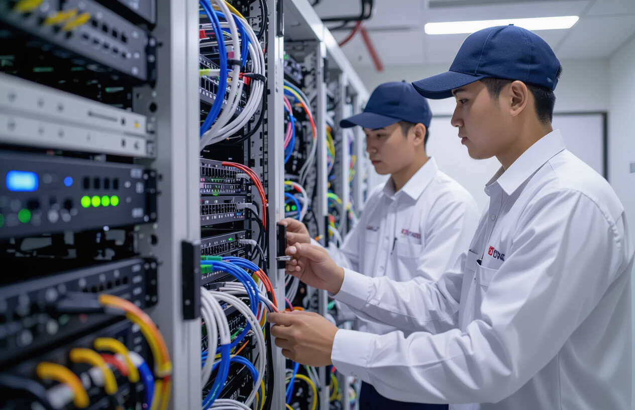 Kỹ Thuật Viên Máy Tính Bến Tre Đang Kiểm Tra Hệ Thống Dây Mạng Lan Trong Phòng Máy Chủ.