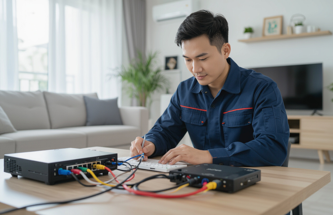 Kỹ Thuật Viên Máy Tính Bến Tre Đang Kiểm Tra Hệ Thống Mạng Cáp Quang Cho Nhà Phố Tại Bến Tre.