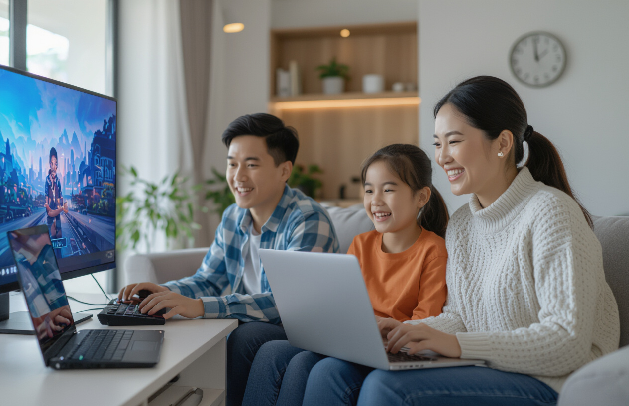 Một Gia Đình Việt Nam Tại Bến Tre Đang Vui Vẻ Sử Dụng Máy Tính Và Các Thiết Bị Kết Nối Mạng Ổn Định Trong Nhà.