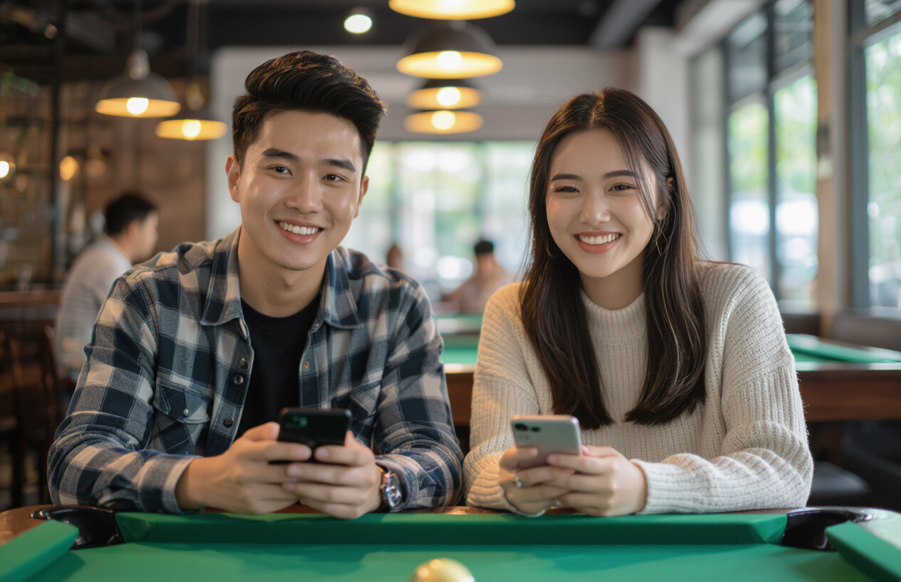 Khách Hàng Vui Vẻ Sử Dụng Wifi Tốc Độ Cao Tại Quán Bida Ở Bến Tre.
