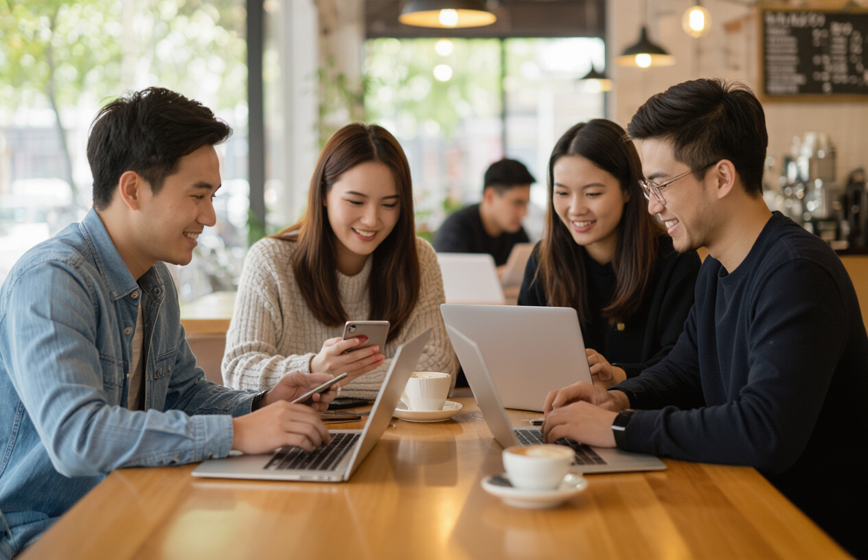 Khách Hàng Vui Vẻ Làm Việc Và Giải Trí Tại Quán Cafe Có Wifi Tốt