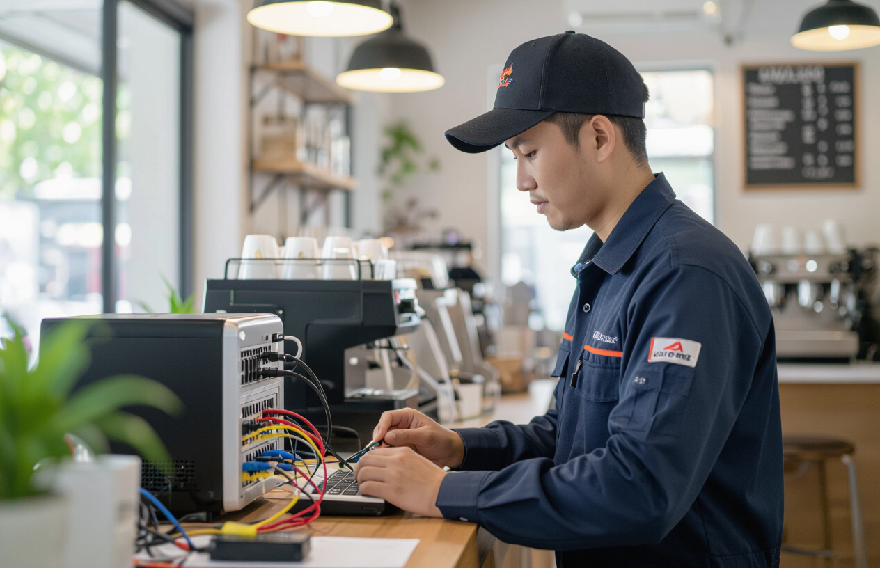 Kỹ Thuật Viên Máy Tính Bến Tre Đang Lắp Đặt Thiết Bị Mạng Chuyên Nghiệp