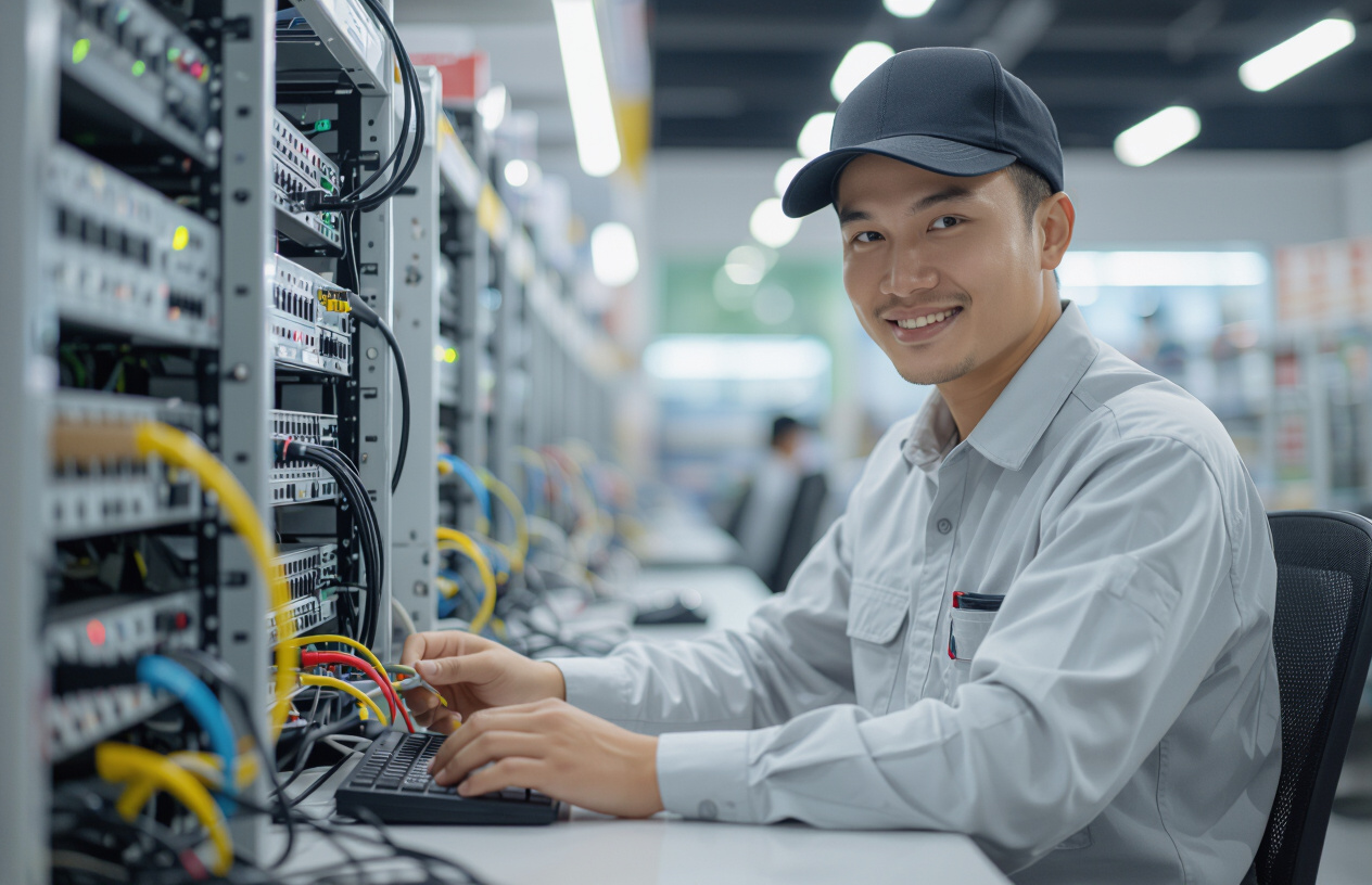 Kỹ Thuật Viên Máy Tính Bến Tre Đang Kiểm Tra Hệ Thống Mạng Tại Một Quán Net Hiện Đại.