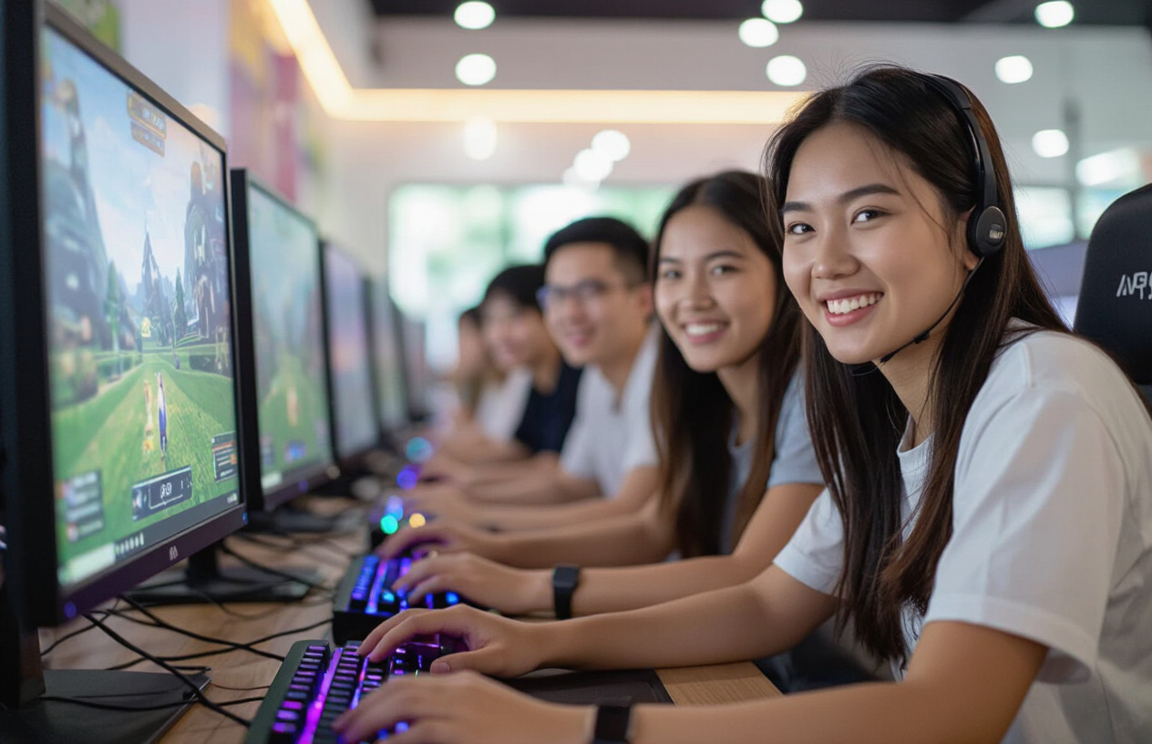 Khách Hàng Vui Vẻ Chơi Game Với Kết Nối Mạng Ổn Định Tại Quán Net.