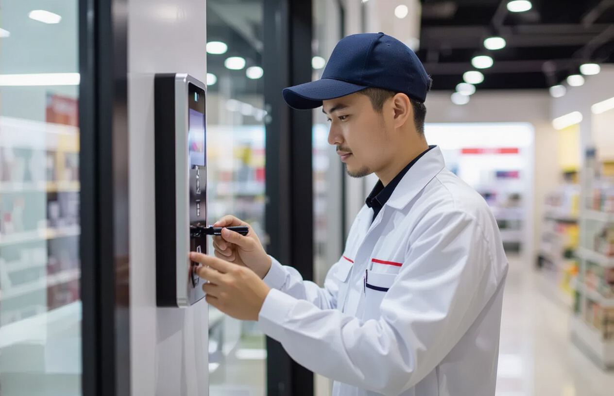 Một Kỹ Thuật Viên Máy Tính Bến Tre Đang Kiểm Tra Thiết Bị Đầu Đọc Thẻ Từ Tại Một Cửa Hàng Ở Bến Tre.