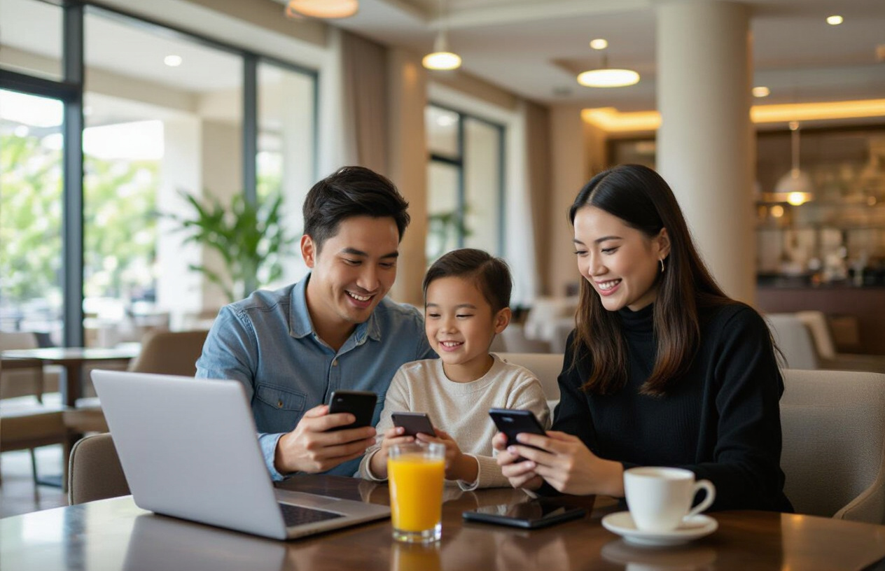 Khách Hàng Vui Vẻ Sử Dụng Wifi Trong Sảnh Khách Sạn Tại Bến Tre.