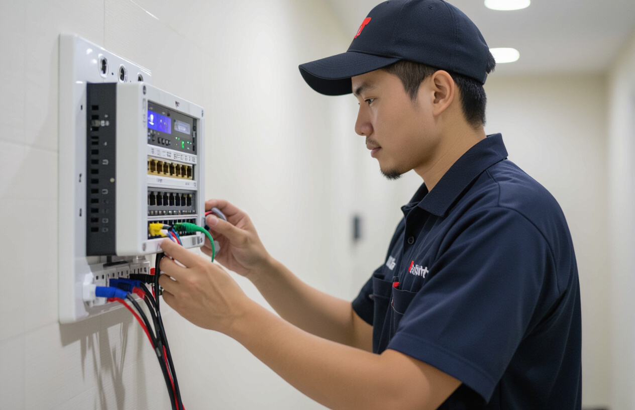 Chuyên Gia Máy Tính Bến Tre Đang Kiểm Tra Thiết Bị Mạng Khách Sạn.
