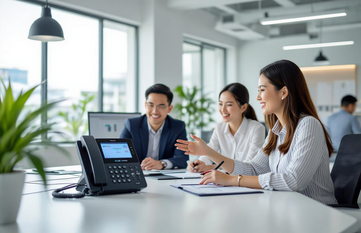 Một Nhóm Doanh Nhân Trẻ Việt Nam Đang Làm Việc Nhóm Hiệu Quả Với Hệ Thống Tổng Đài Ip Grandstream Trong Văn Phòng Hiện