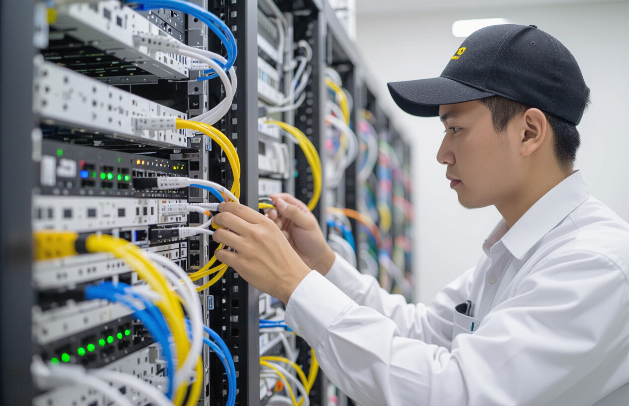 Kỹ Thuật Viên Máy Tính Bến Tre Đang Kiểm Tra Kết Nối Mạng Của Hệ Thống Tổng Đài Ip Grandstream Mới Lắp Đặt.