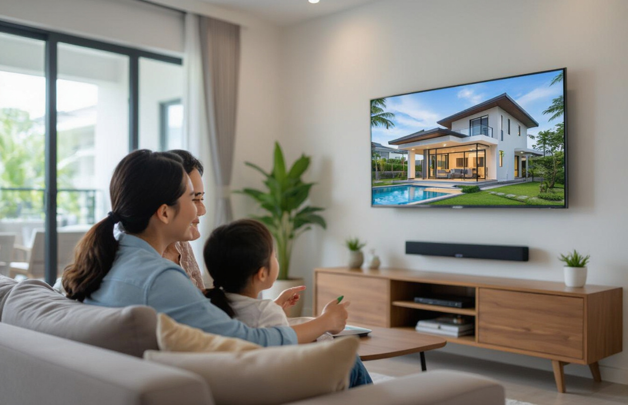 Một Gia Đình Việt Nam Đang Xem Màn Hình Giám Sát Camera Trong Ngôi Nhà An Toàn Của Họ Ở Bến Tre.
