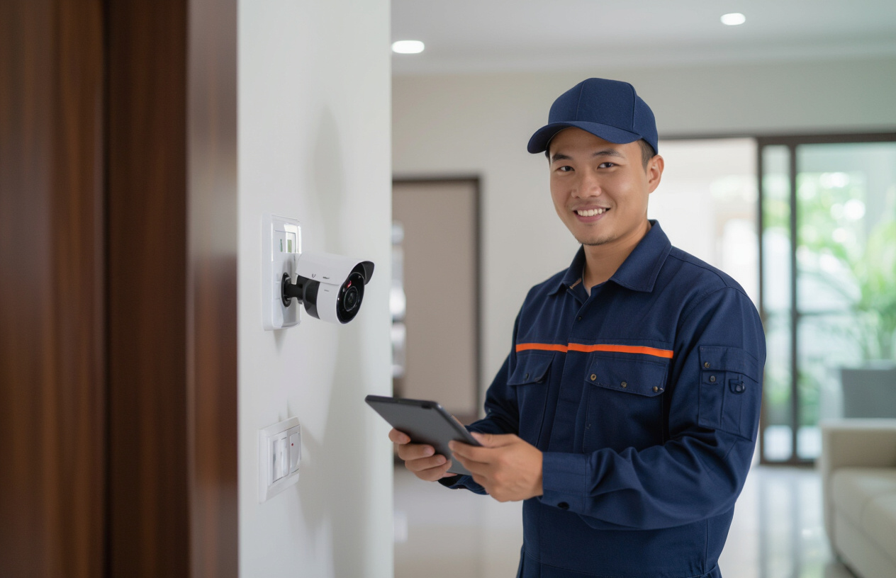 Một Kỹ Thuật Viên Máy Tính Bến Tre Đang Kiểm Tra Hệ Thống Camera Giám Sát Trên Máy Tính Bảng Tại Một Căn Nhà Ở Bến T