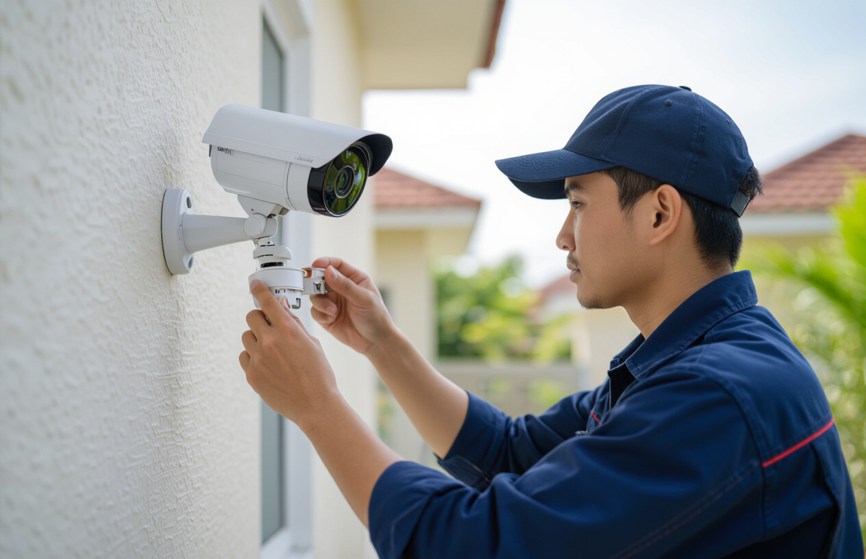 Một Kỹ Thuật Viên Việt Nam Đang Lắp Đặt Cẩn Thận Một Camera Quan Sát Hiện Đại Trên Tường Bên Ngoài Một Ngôi Nhà Ở Bế