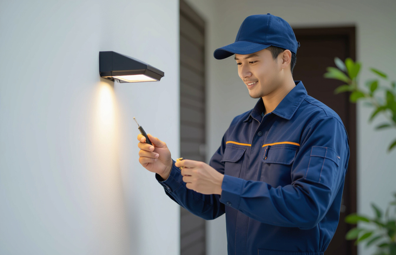 Chuyên Viên Máy Tính Bến Tre Đang Kiểm Tra Hệ Thống Đèn Năng Lượng Mặt Trời.
