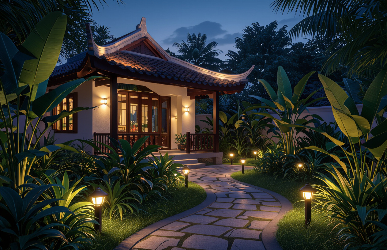 Nhà Vườn Bến Tre Sáng Bừng Với Đèn Năng Lượng Mặt Trời.