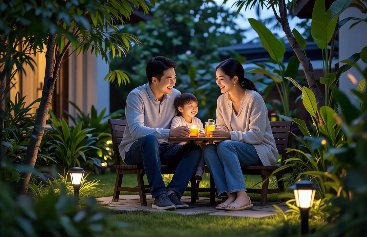 Gia Đình Bến Tre Thư Giãn Trong Vườn Nhà Nhờ Đèn Năng Lượng.
