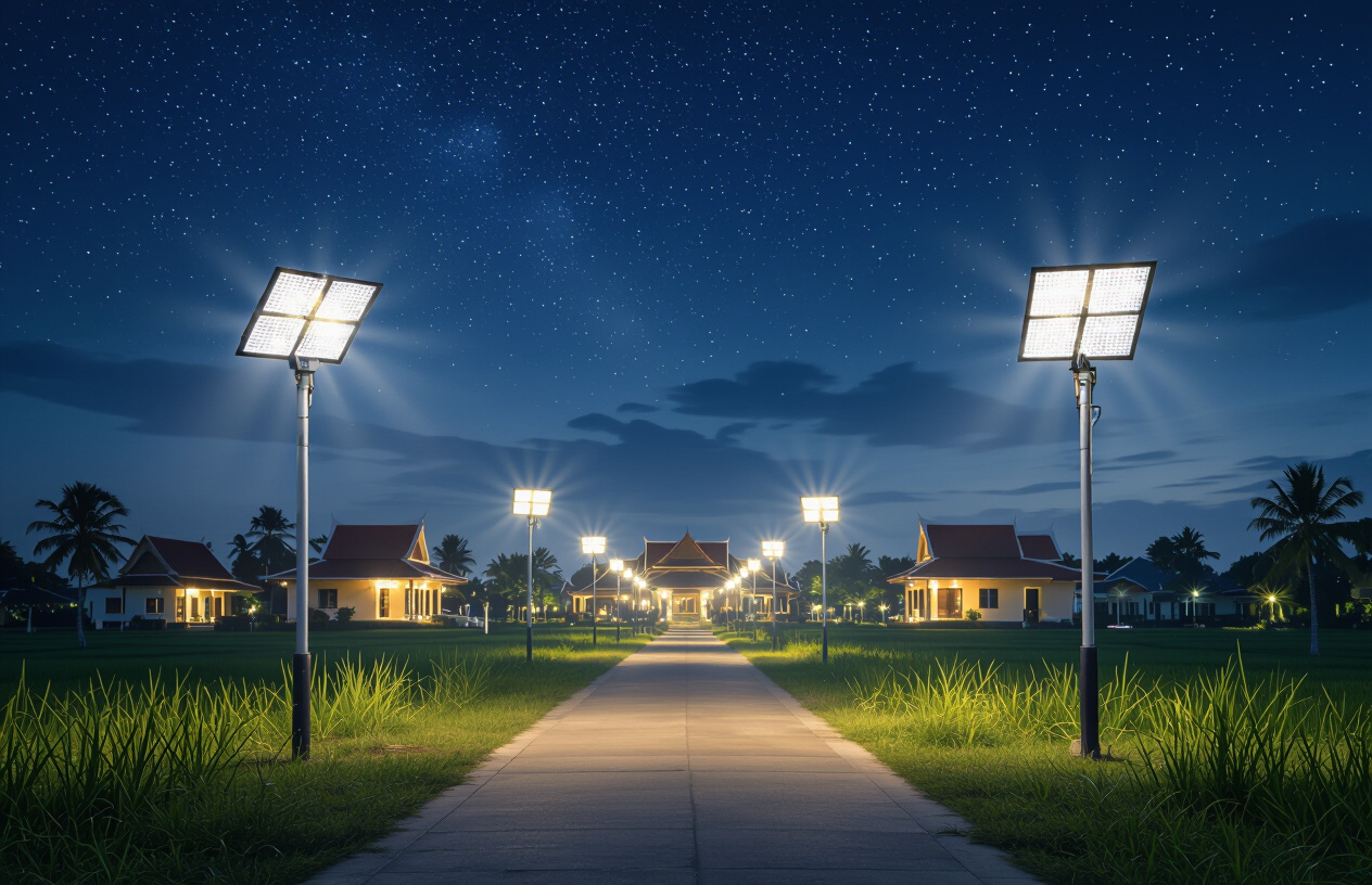 Khu Vực Sân Vườn Ba Tri Được Chiếu Sáng Rực Rỡ Bởi Đèn Năng Lượng Mặt Trời Vào Ban Đêm.
