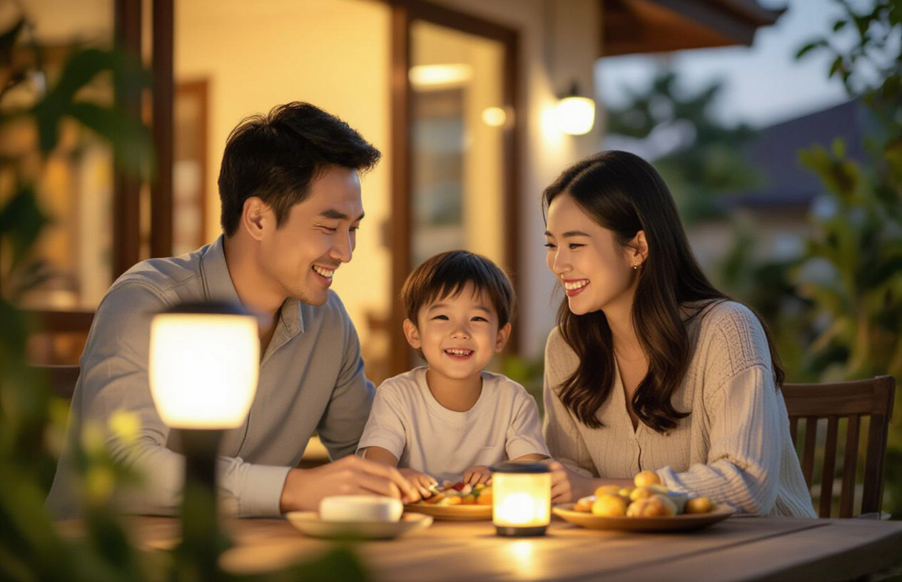 Một Gia Đình Việt Nam Vui Vẻ Dưới Ánh Đèn Năng Lượng Mặt Trời Buổi Tối.