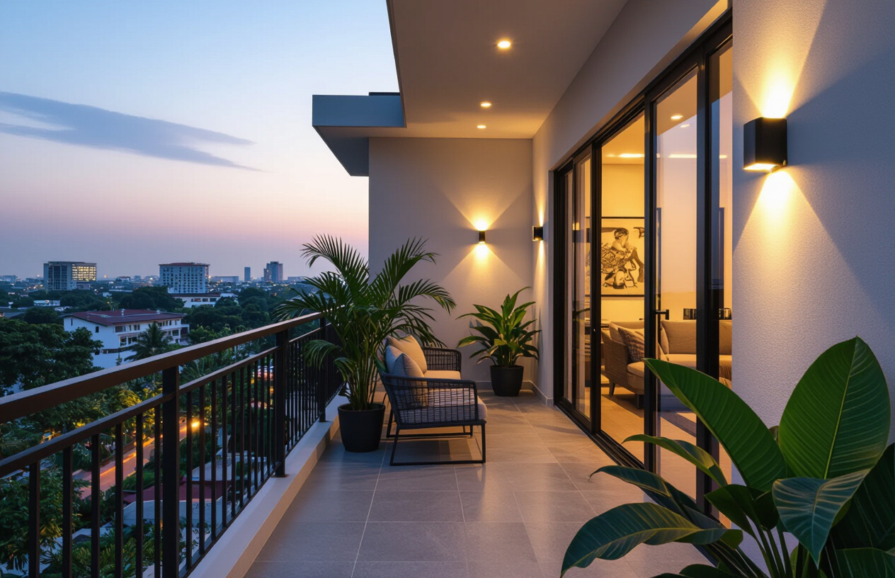 Ban Công Nhà Hiện Đại Tại Bến Tre Được Chiếu Sáng Bởi Đèn Năng Lượng Mặt Trời.