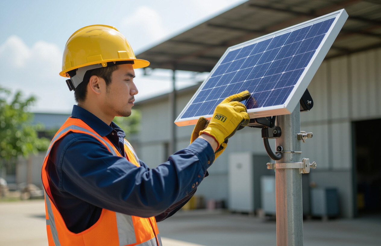 Kỹ Thuật Viên Máy Tính Bến Tre Đang Kiểm Tra Hệ Thống Đèn Năng Lượng Mặt Trời Trên Cao.