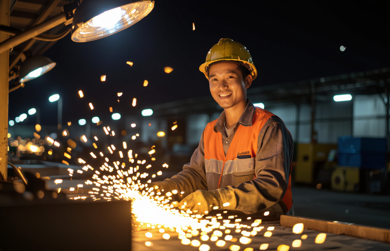 Một Công Nhân Việt Nam Vui Vẻ, An Toàn Làm Việc Dưới Ánh Đèn Năng Lượng Mặt Trời Tại Nhà Xưởng Bến Tre.