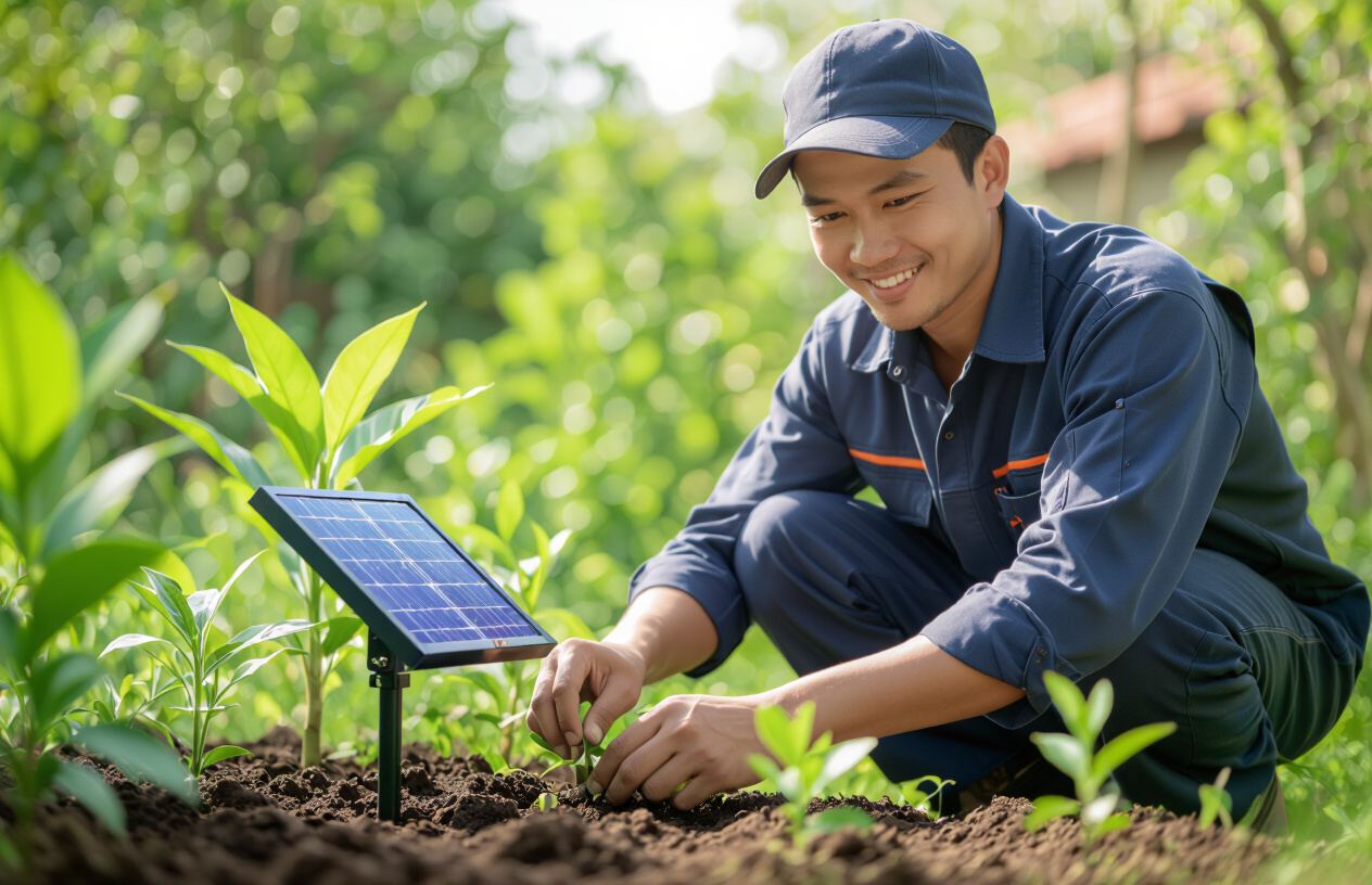 Kỹ Thuật Viên Máy Tính Bến Tre Đang Lắp Đặt Đèn Năng Lượng Mặt Trời Trong Sân Vườn.