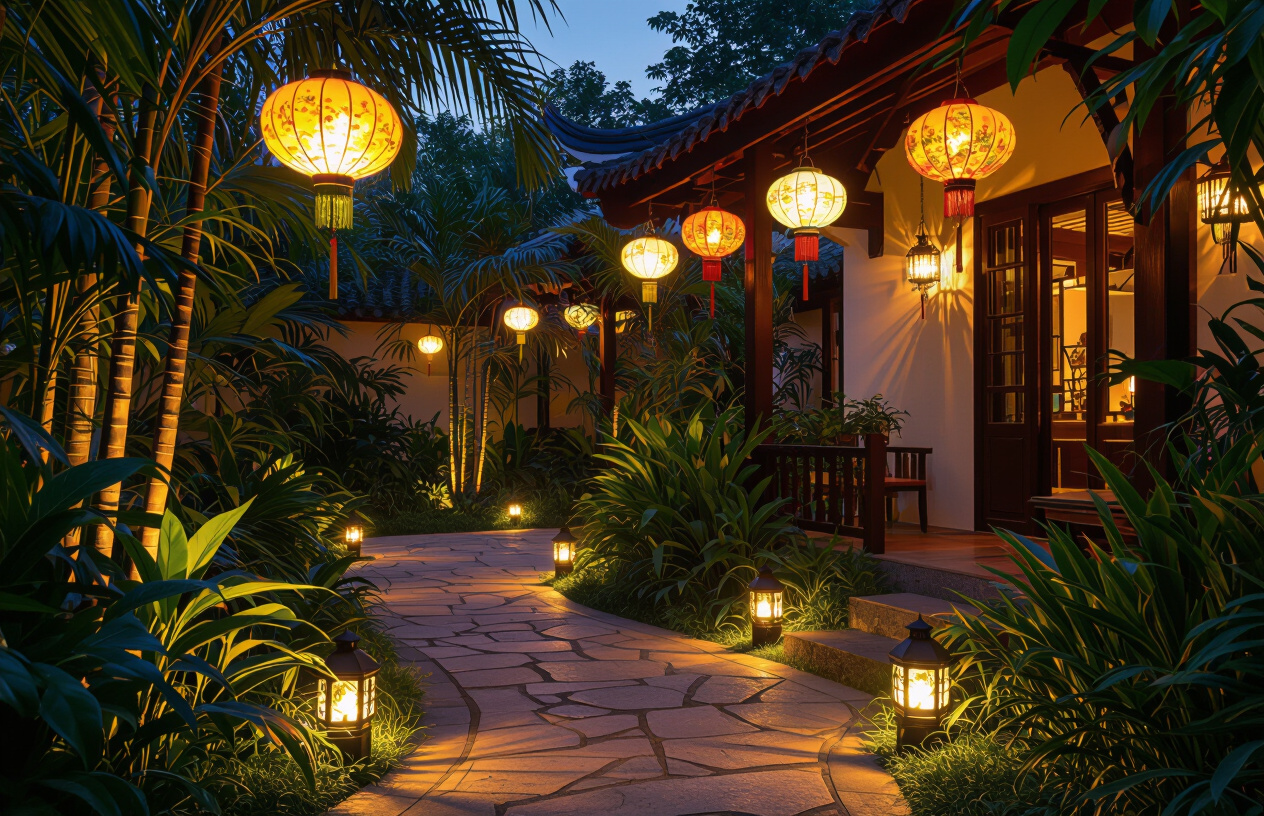 Sân Vườn Về Đêm Lung Linh Ánh Đèn Năng Lượng Mặt Trời.