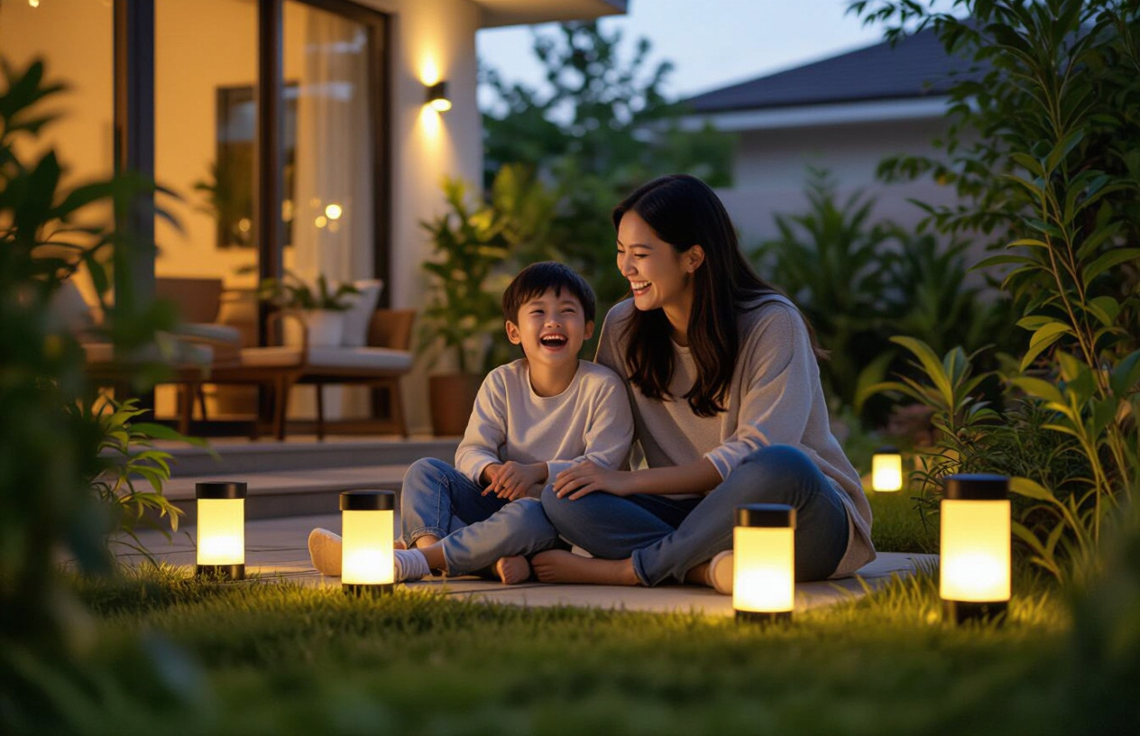 Gia Đình Việt Vui Vẻ Tận Hưởng Không Gian Sân Vườn Được Chiếu Sáng Bởi Đèn Năng Lượng Mặt Trời.