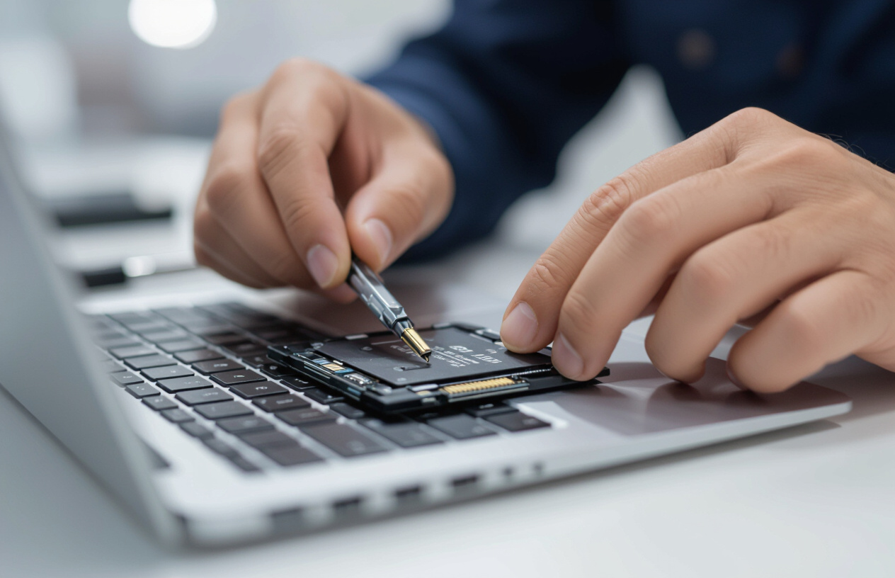 Kỹ Thuật Viên Máy Tính Bến Tre Đang Nâng Cấp Ssd Cho Laptop, Thể Hiện Sự Chuyên Nghiệp Và Hiệu Quả.