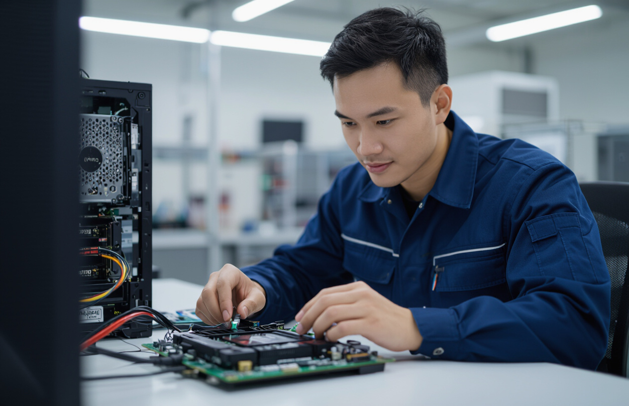 Một Người Kỹ Thuật Viên Việt Nam Đang Kiểm Tra Bo Mạch Chủ Máy Tính, Phía Trước Là Một Chiếc Card Âm Thanh Creative So