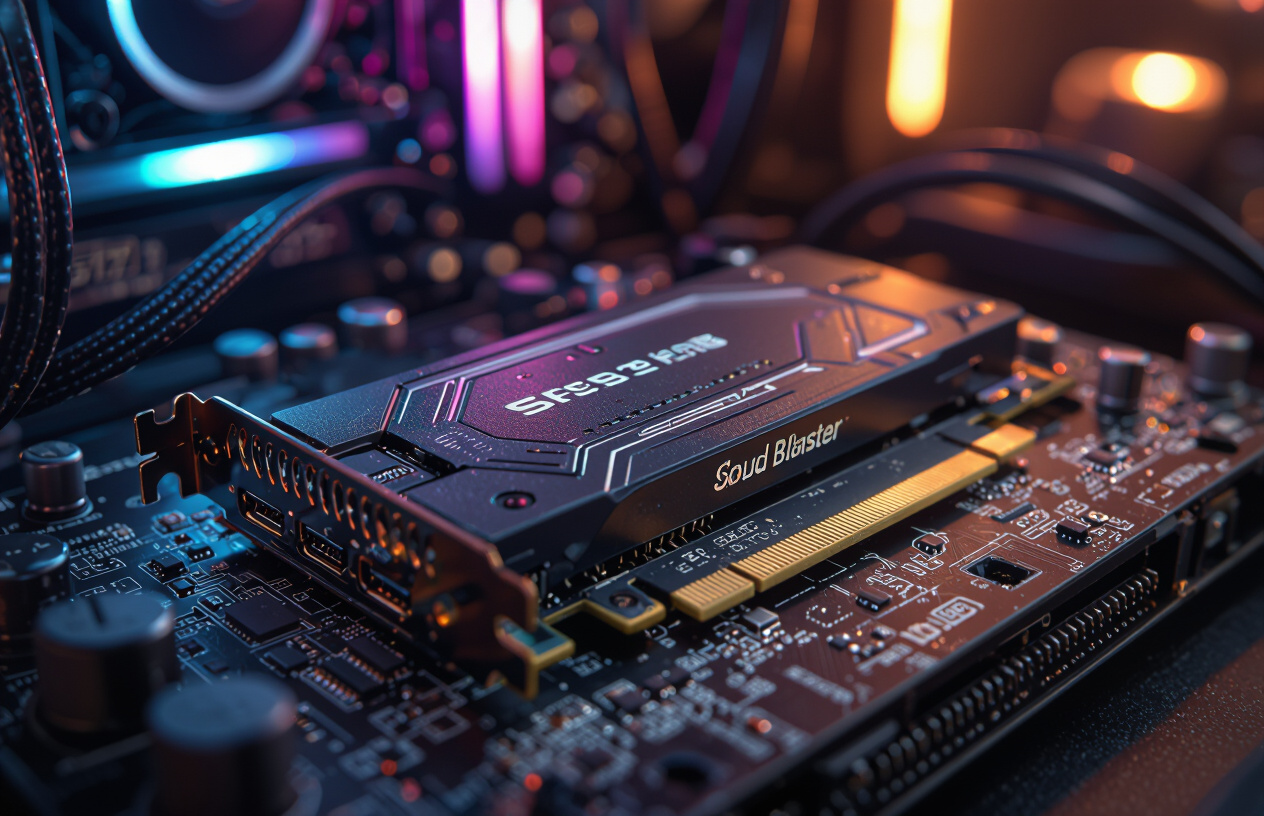Hình Ảnh Cận Cảnh Một Chiếc Card Âm Thanh Creative Sound Blaster Được Lắp Đặt Trong Khe Cắm Pcie Của Máy Tính.