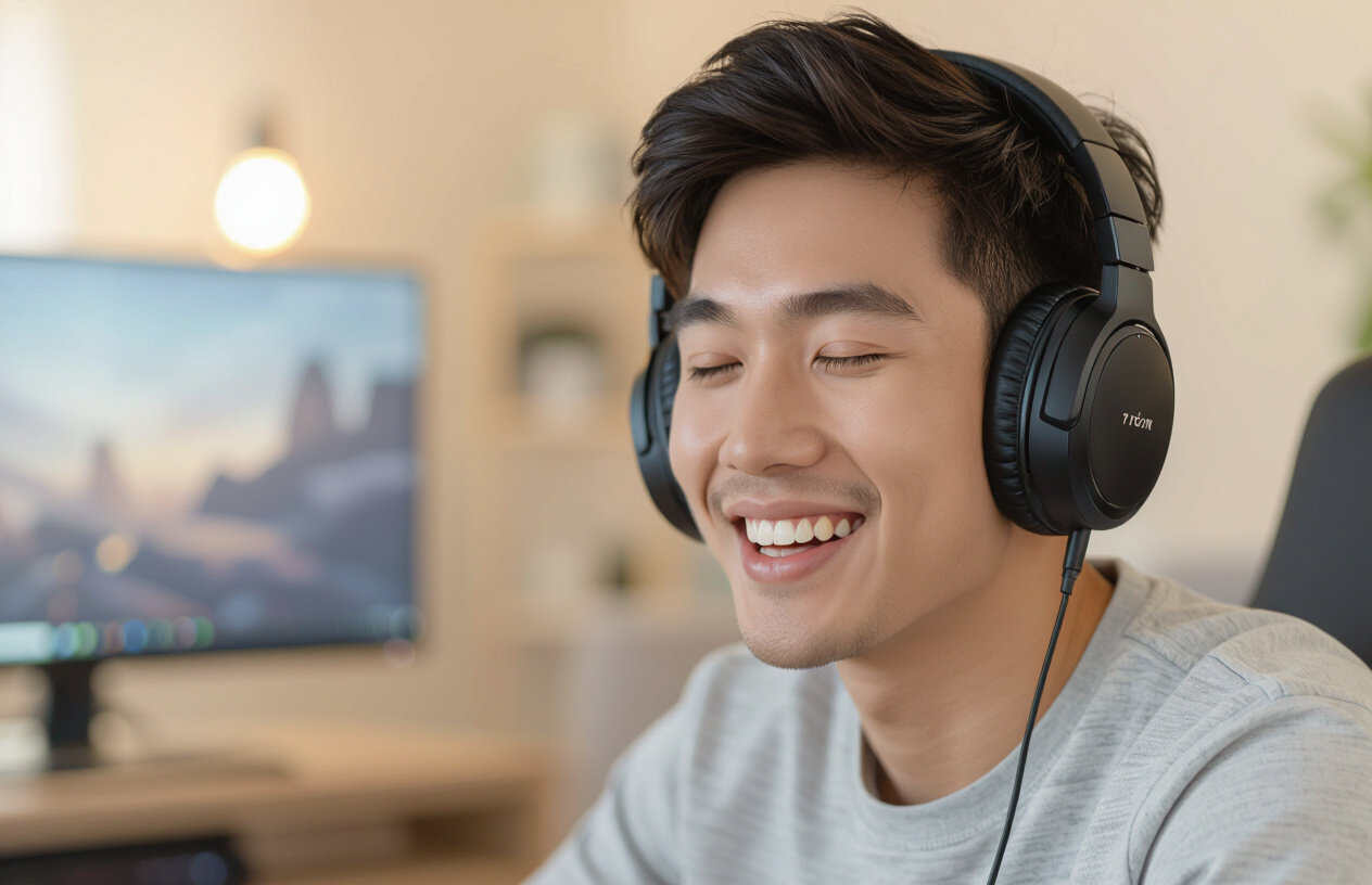 Một Thanh Niên Việt Nam Đang Đeo Tai Nghe Cao Cấp, Gương Mặt Biểu Cảm Phấn Khích Khi Trải Nghiệm Âm Thanh Sống Động Từ