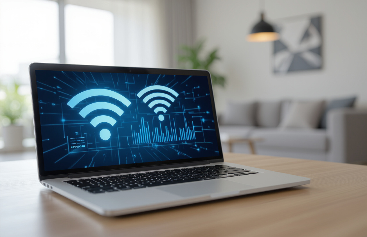 Laptop Hiện Đại Hiển Thị Tín Hiệu Wifi 6 Mạnh Mẽ, Tốc Độ Cao.