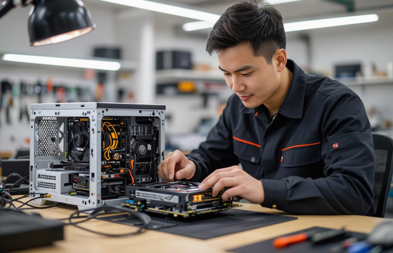 Kỹ Thuật Viên Máy Tính Bến Tre Chuyên Nghiệp Đang Nâng Cấp Card Đồ Họa Cho Máy Tính