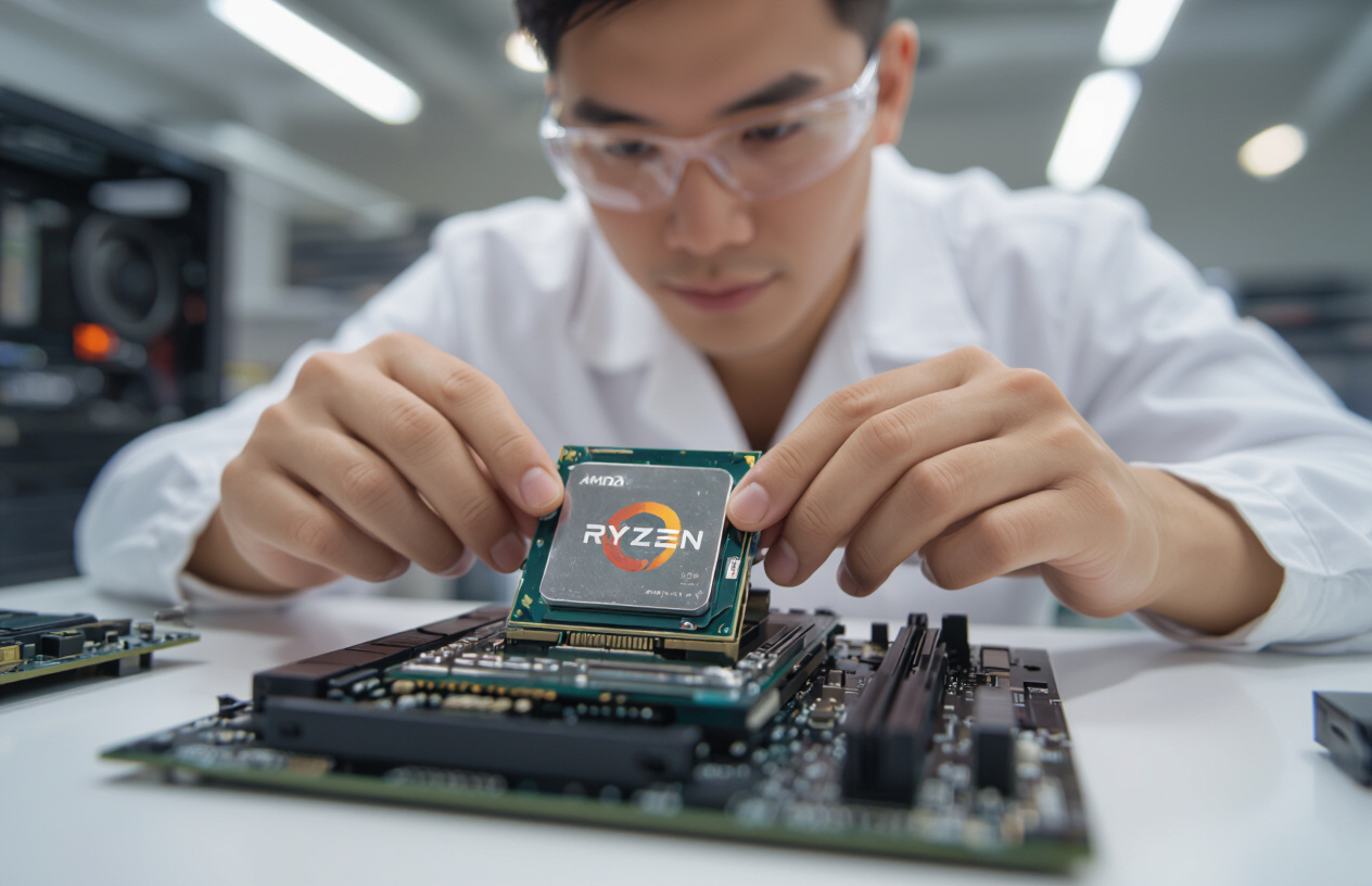 Một Kỹ Thuật Viên Máy Tính Người Việt Nam Đang Tỉ Mỉ Lắp Đặt Cpu Amd Ryzen 5 Mới Vào Bo Mạch Chủ Trong Một Phòng Lab H