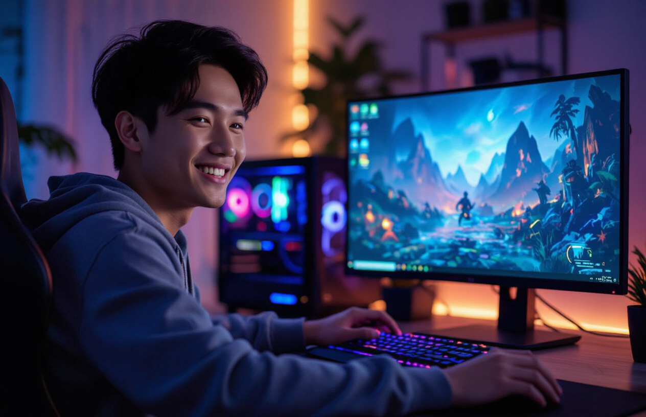 Một Game Thủ Việt Nam Trẻ Tuổi Đang Vui Vẻ Chơi Game Trên Máy Tính Pc Gaming Đã Được Nâng Cấp, Trải Nghiệm Đồ Họa Mượt