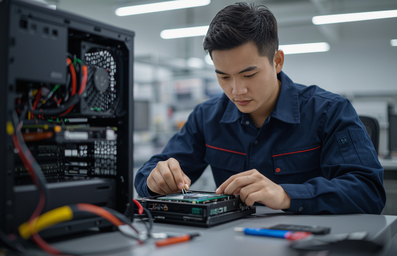 Kỹ Thuật Viên Máy Tính Bến Tre Đang Chuyên Nghiệp Nâng Cấp Ổ Cứng Ssd Cho Máy Tính Để Bàn.