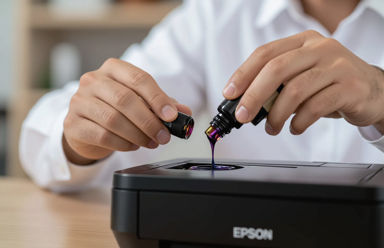 Kỹ Thuật Viên Máy Tính Bến Tre Đang Nạp Mực Máy In Epson L1210 Chuyên Nghiệp Tại Nhà.