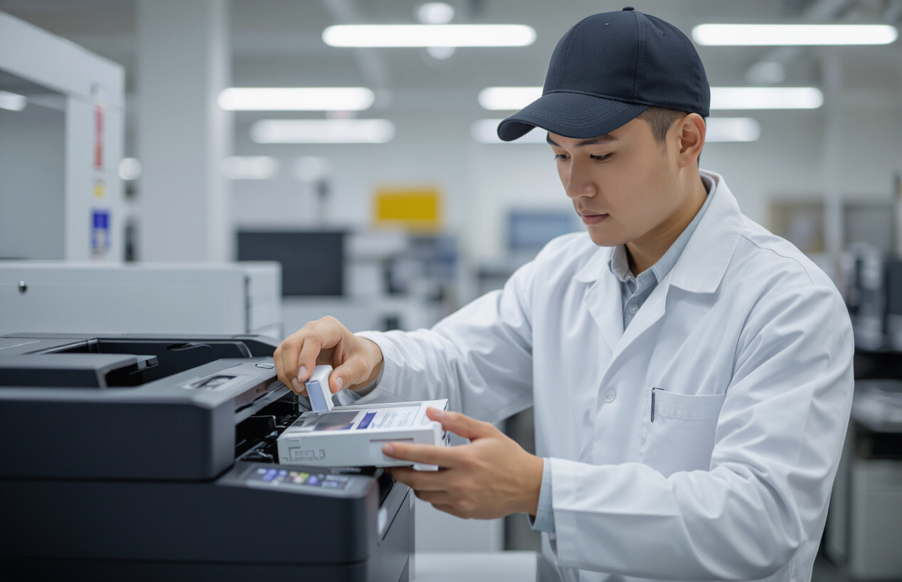 Kỹ Thuật Viên Chuyên Nghiệp Đang Nạp Mực Cho Máy In Ricoh Sp 230Dnw Tại Văn Phòng.