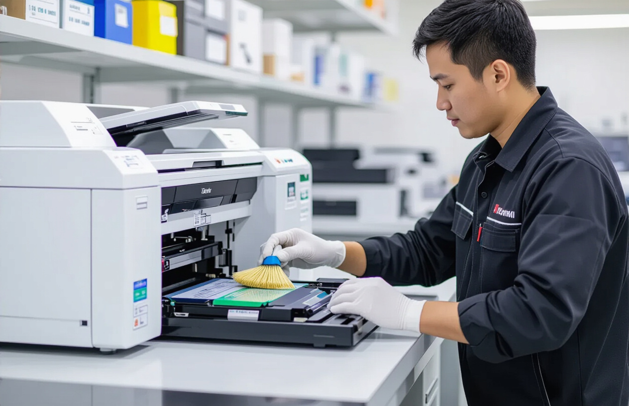 Một Kỹ Thuật Viên Máy Tính Bến Tre Đang Kiểm Tra Và Bảo Dưỡng Máy In Ricoh Sau Khi Nạp Mực, Đảm Bảo Hoạt Động Tối Ưu.