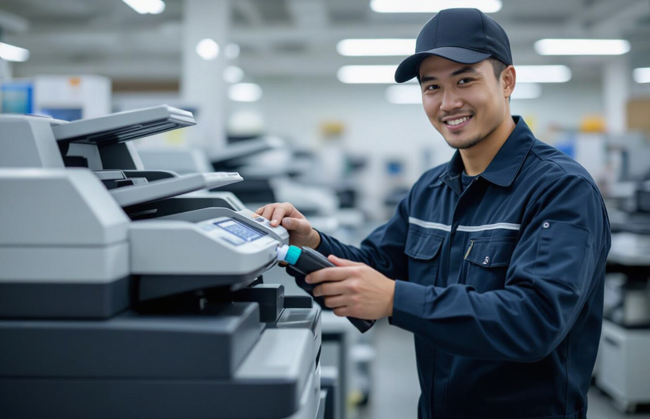 Kỹ Thuật Viên Máy Tính Bến Tre Đang Nạp Mực Máy Photocopy Chuyên Nghiệp Tại Văn Phòng Ở Giồng Trôm.