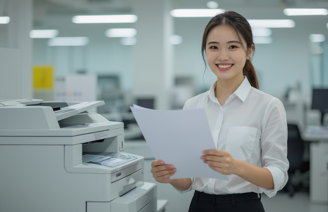 Nữ Nhân Viên Văn Phòng Người Việt Vui Vẻ Sử Dụng Máy Photocopy Sau Khi Được Nạp Mực Chất Lượng Cao.