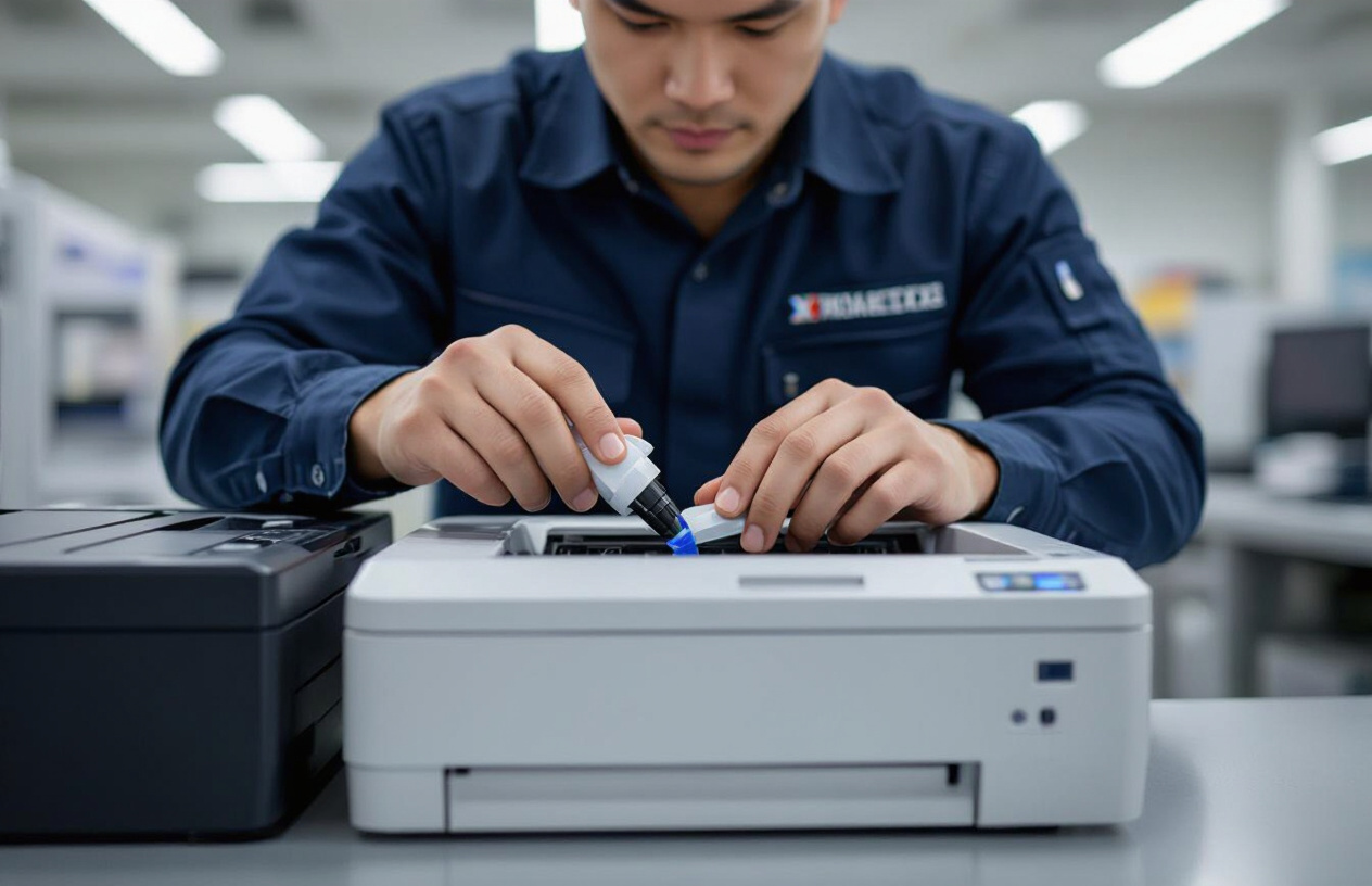 Kỹ Thuật Viên Chuyên Nghiệp Đang Nạp Mực Cho Máy Photocopy Xerox Workcentre 3215 Tại Bến Tre.