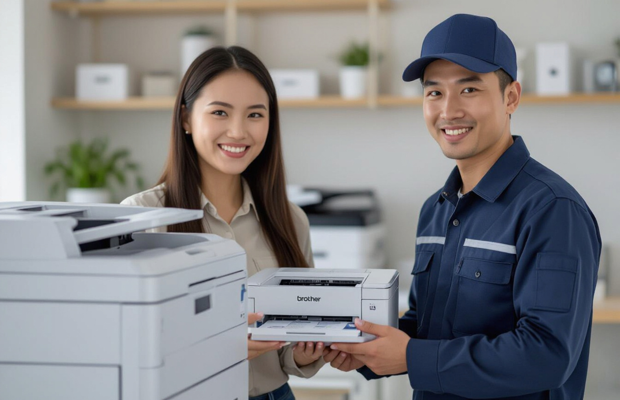 Khách Hàng Hài Lòng Khi Nhận Lại Máy In Brother Đã Được Đổ Mực, Đảmbảo Chất Lượng In Ấn Sắc Nét.